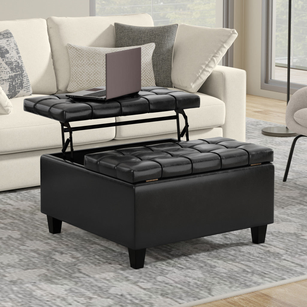 30" Black Leather Cocktail Ottoman With Storage
