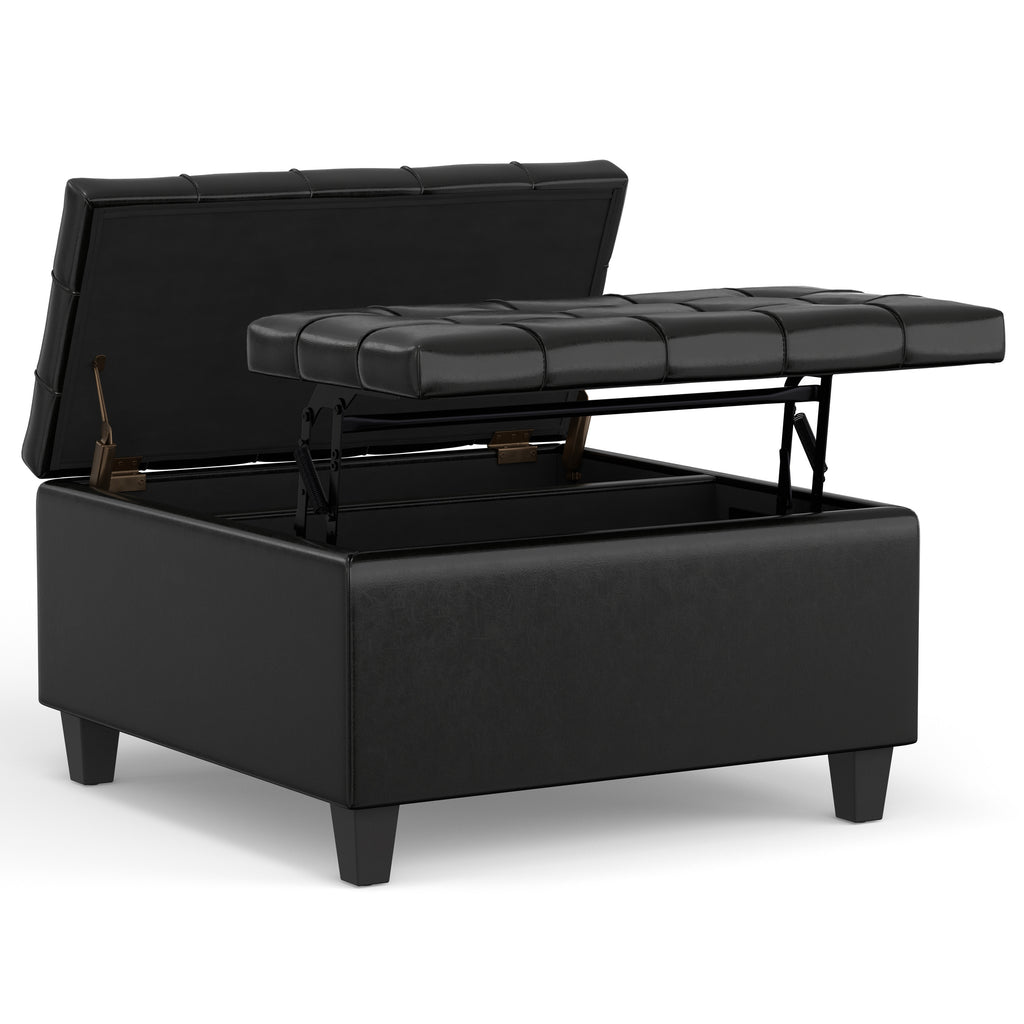 30" Black Leather Cocktail Ottoman With Storage