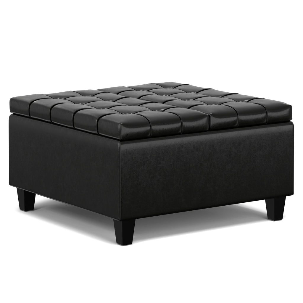 30" Black Leather Cocktail Ottoman With Storage