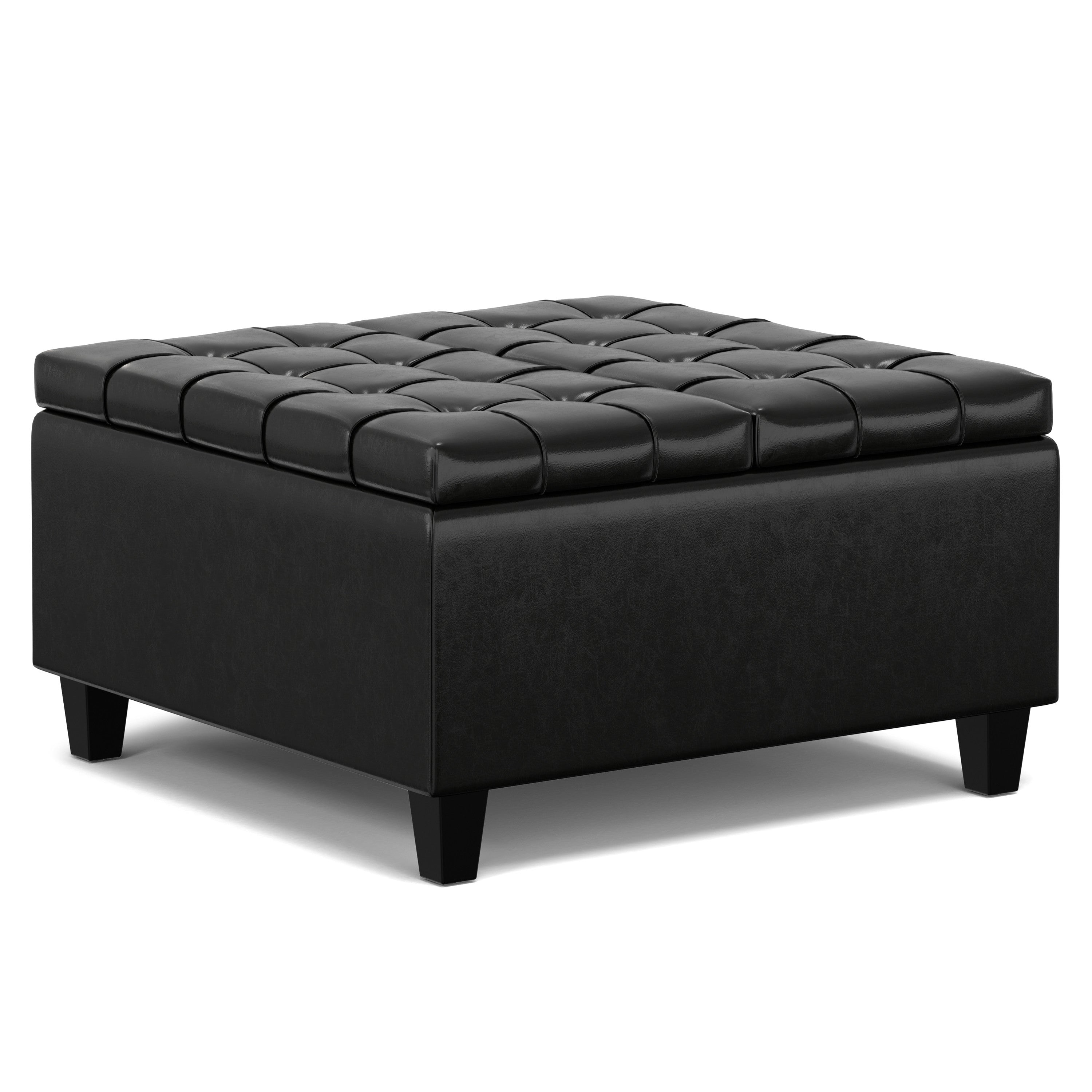 30" Black Leather Cocktail Ottoman With Storage