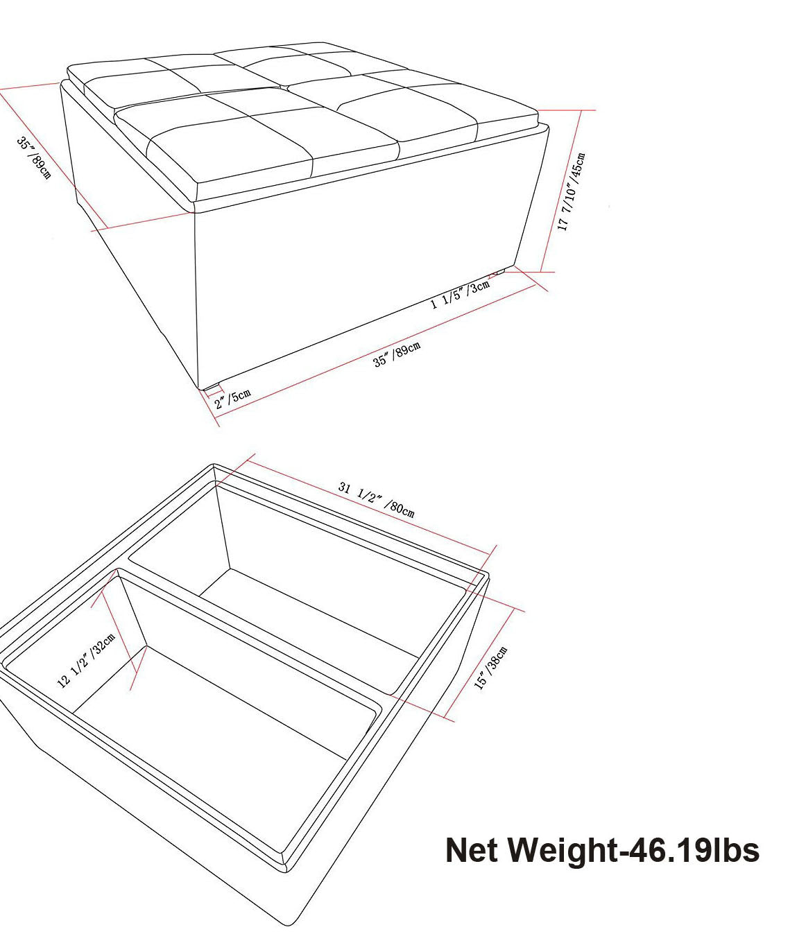 Side angle of 35" Cream and Dark Brown Leather Cocktail Ottoman showcasing storage