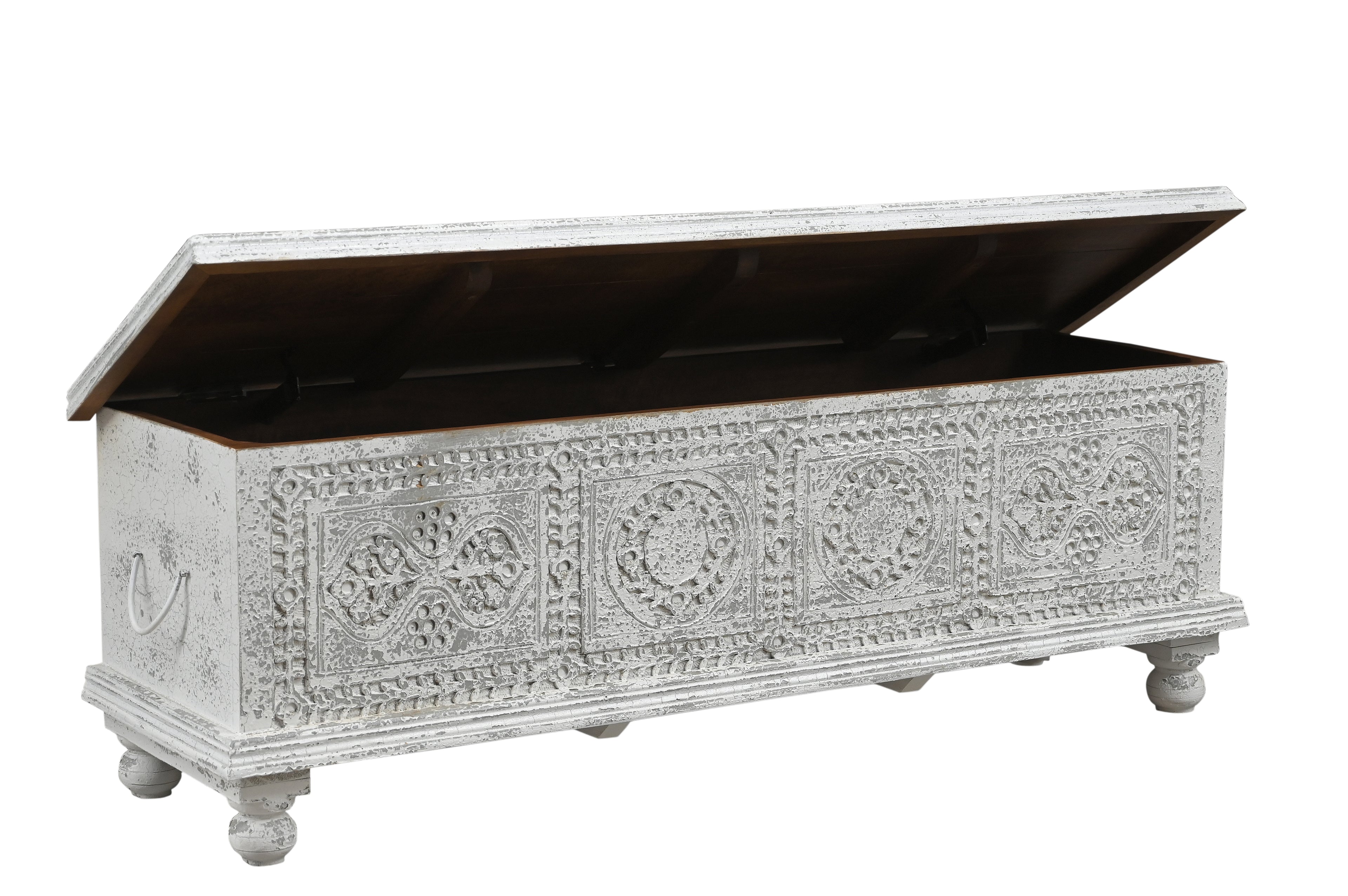 Side angle of the 54" White Solid Wood Medallion Storage Ottoman showcasing its design