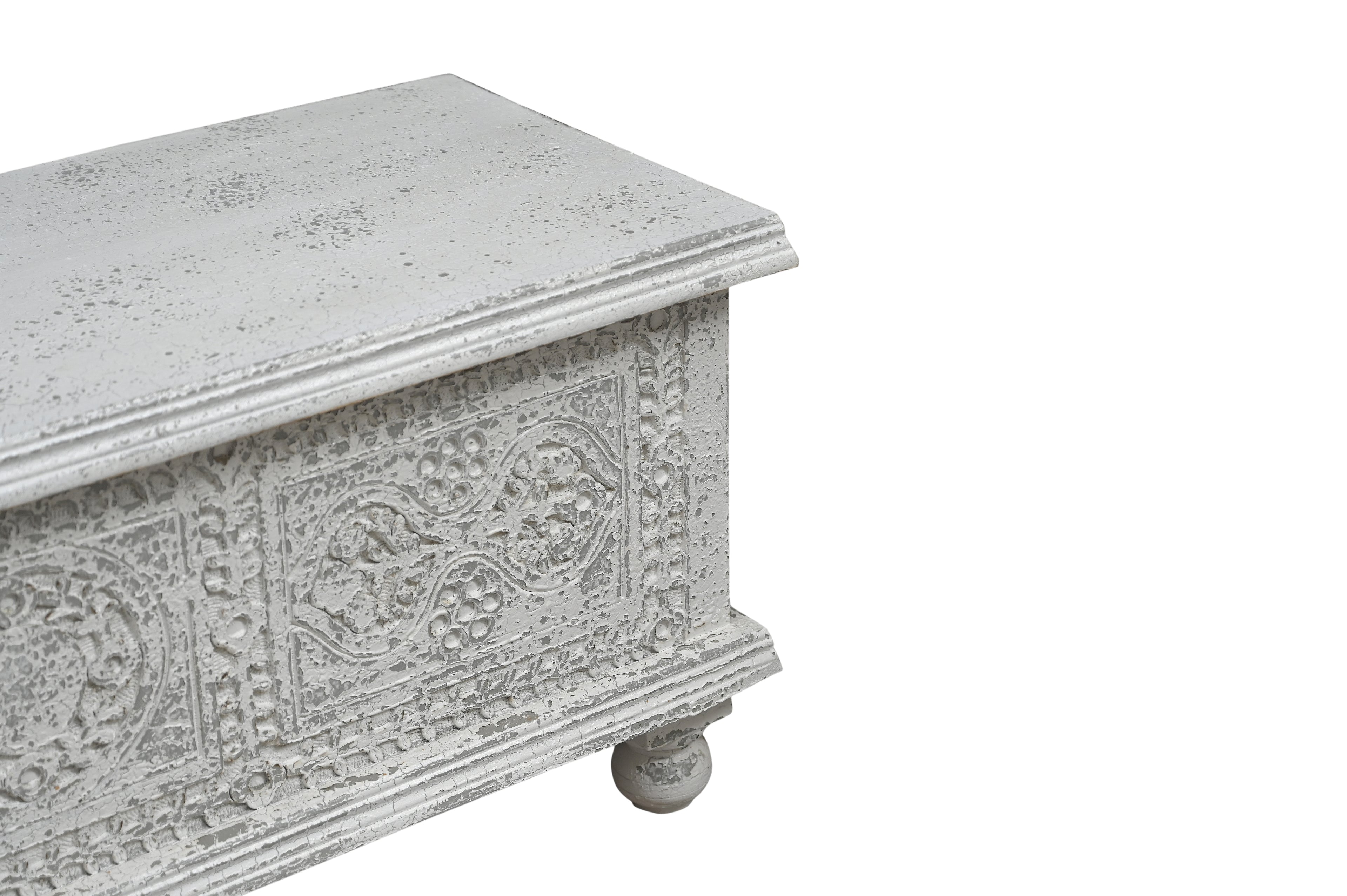 Front view of 54" White Solid Wood Medallion Storage Ottoman by Homeroots