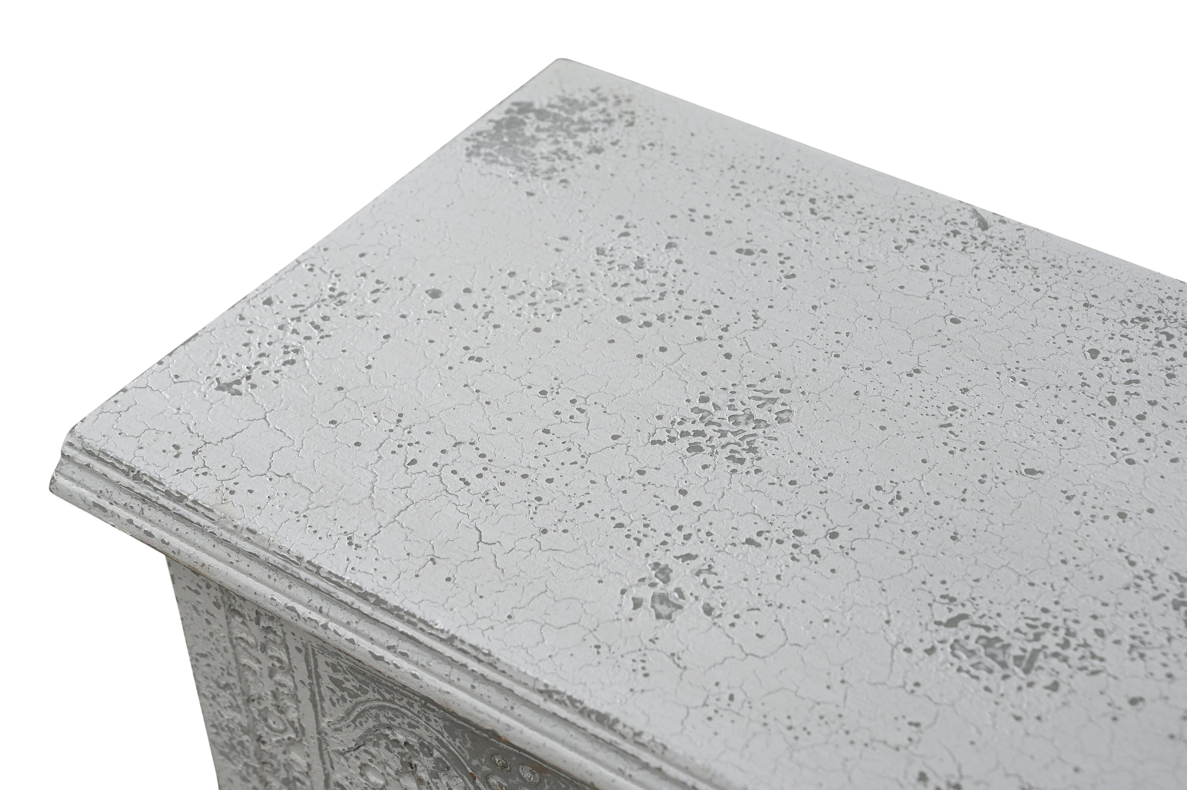 Top view of the 54" White Solid Wood Medallion Storage Ottoman with storage lid open