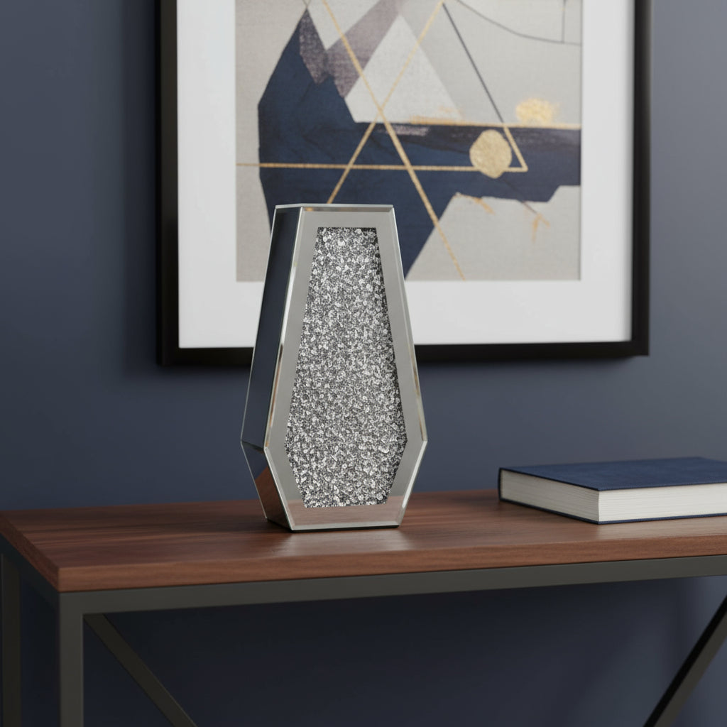 12" Silver Faux Crystal And Mirrored Glass Table Vase