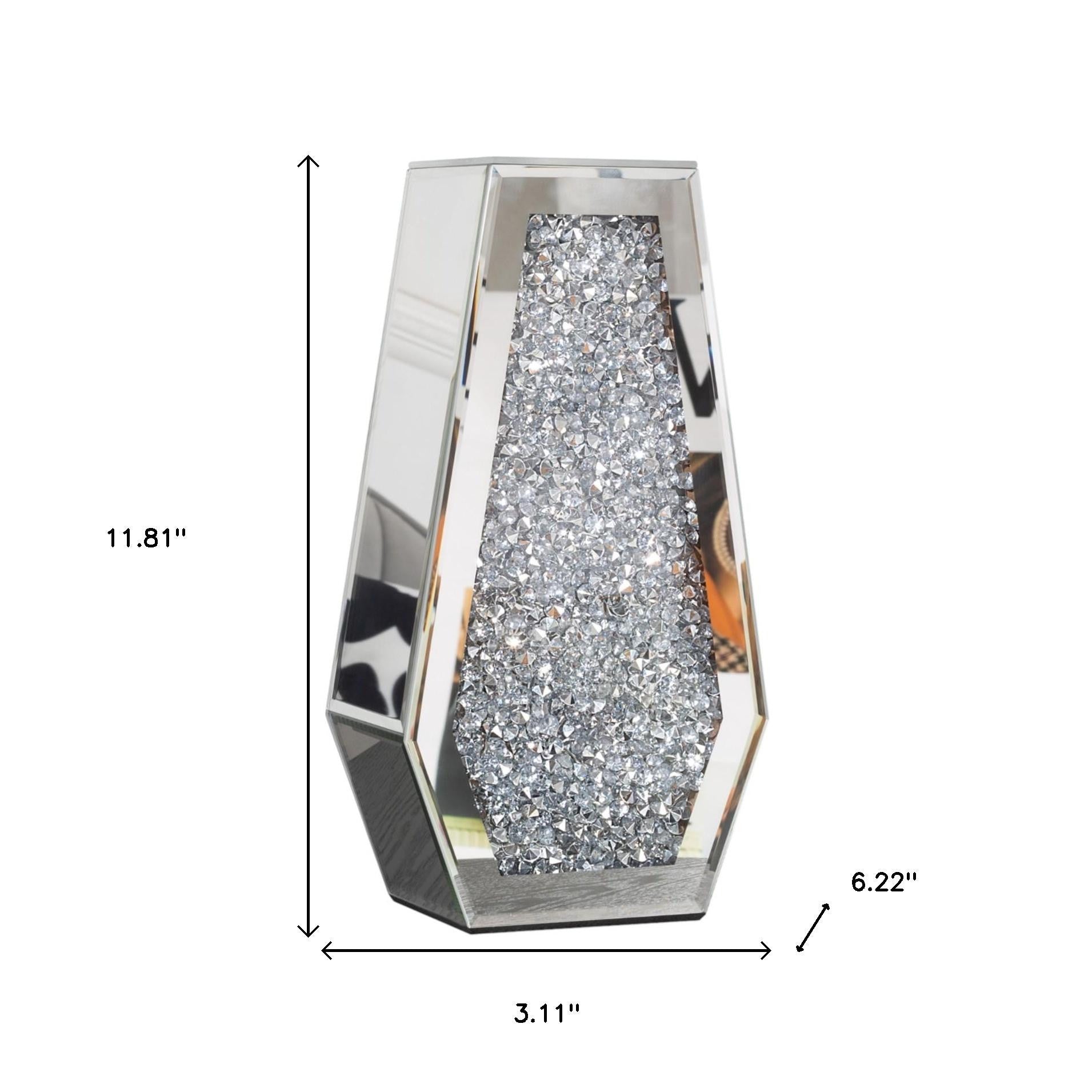 12" Silver Faux Crystal And Mirrored Glass Table Vase