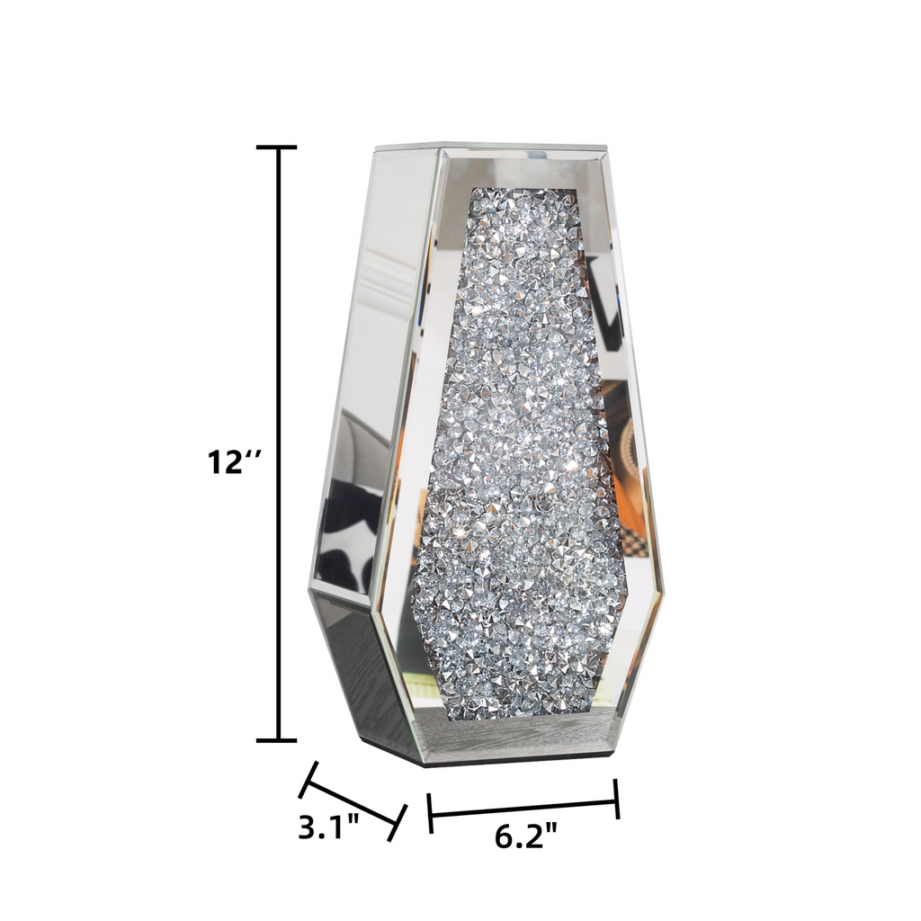 12" Silver Faux Crystal And Mirrored Glass Table Vase