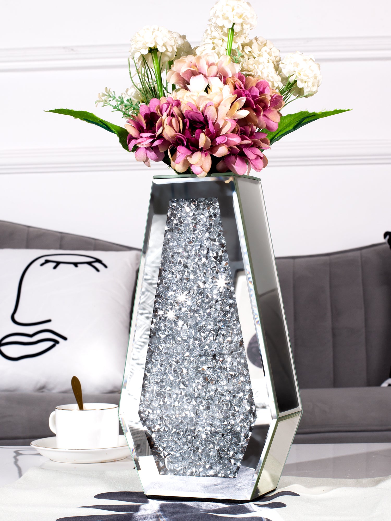 12" Silver Faux Crystal And Mirrored Glass Table Vase