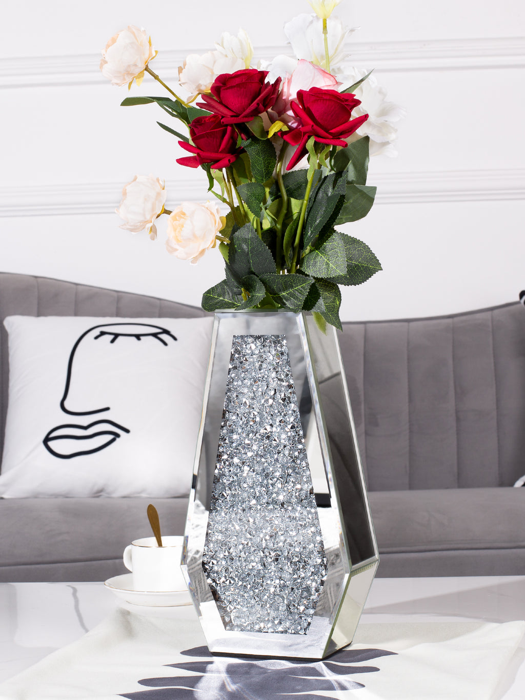 12" Silver Faux Crystal And Mirrored Glass Table Vase