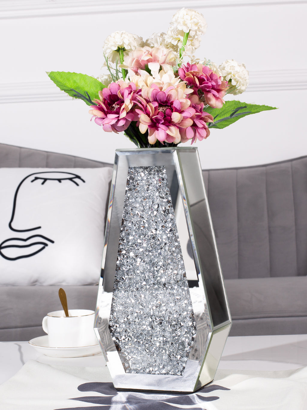 12" Silver Faux Crystal And Mirrored Glass Table Vase
