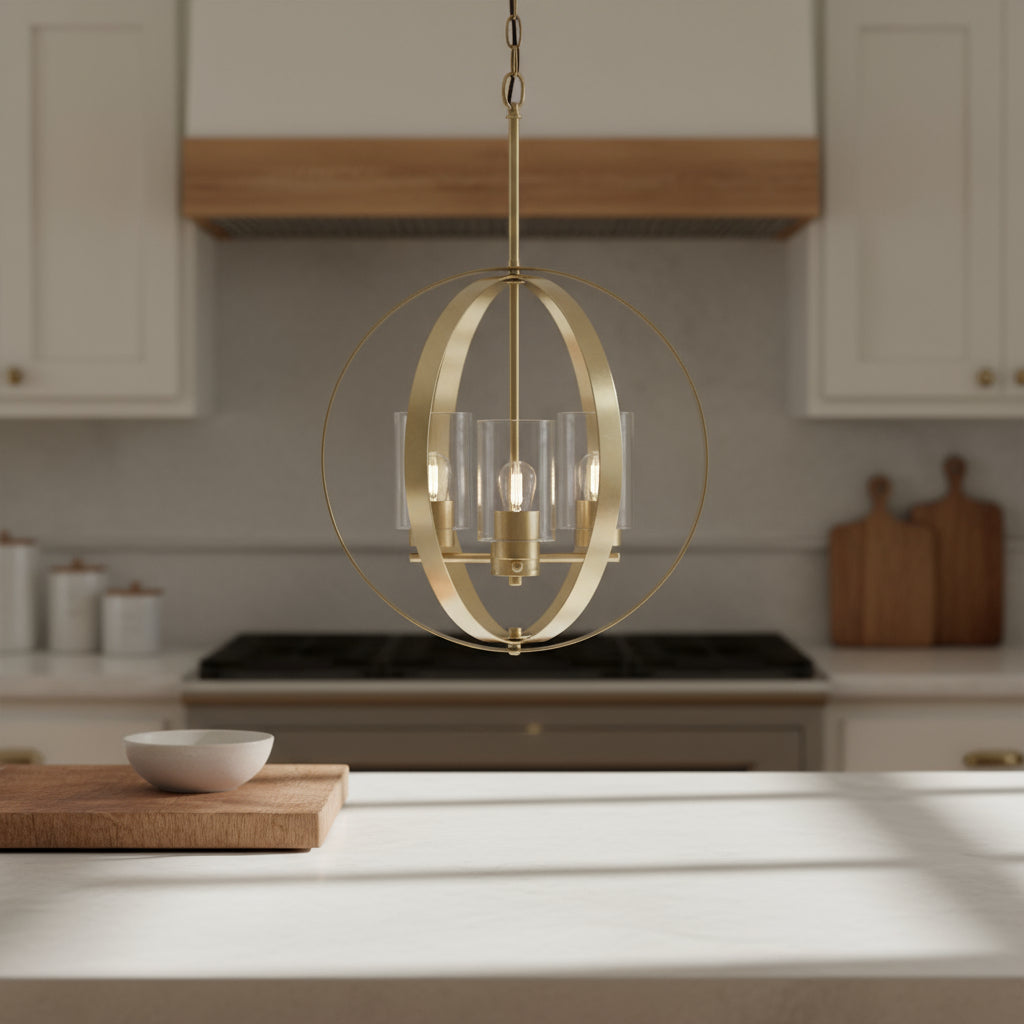 Side angle of Antiqued Brass Three-Light Sphere Ceiling Light showcasing its design