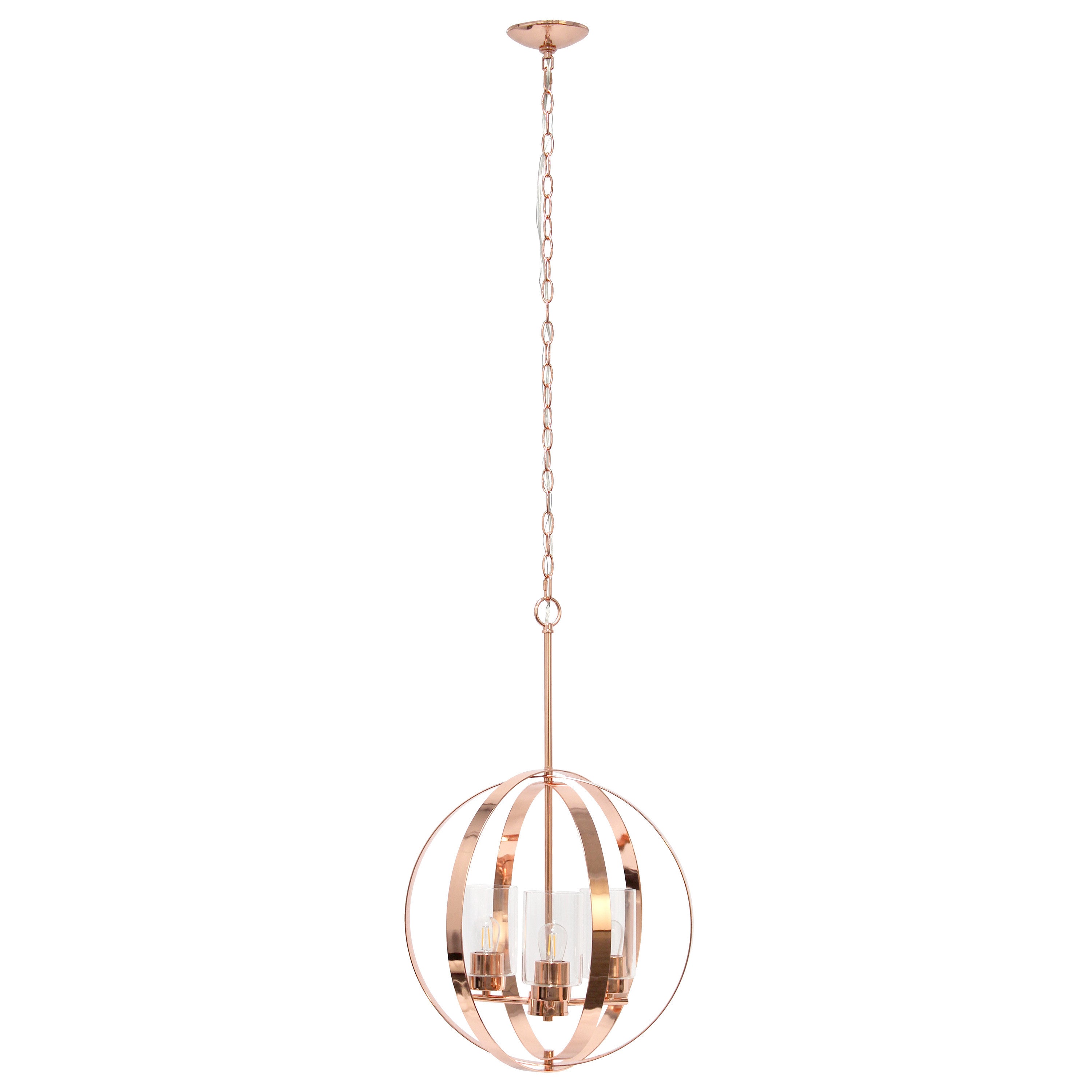 Rose Gold And Clear Sphere Three Light Iron Ceiling Light With Rose Gold Shades