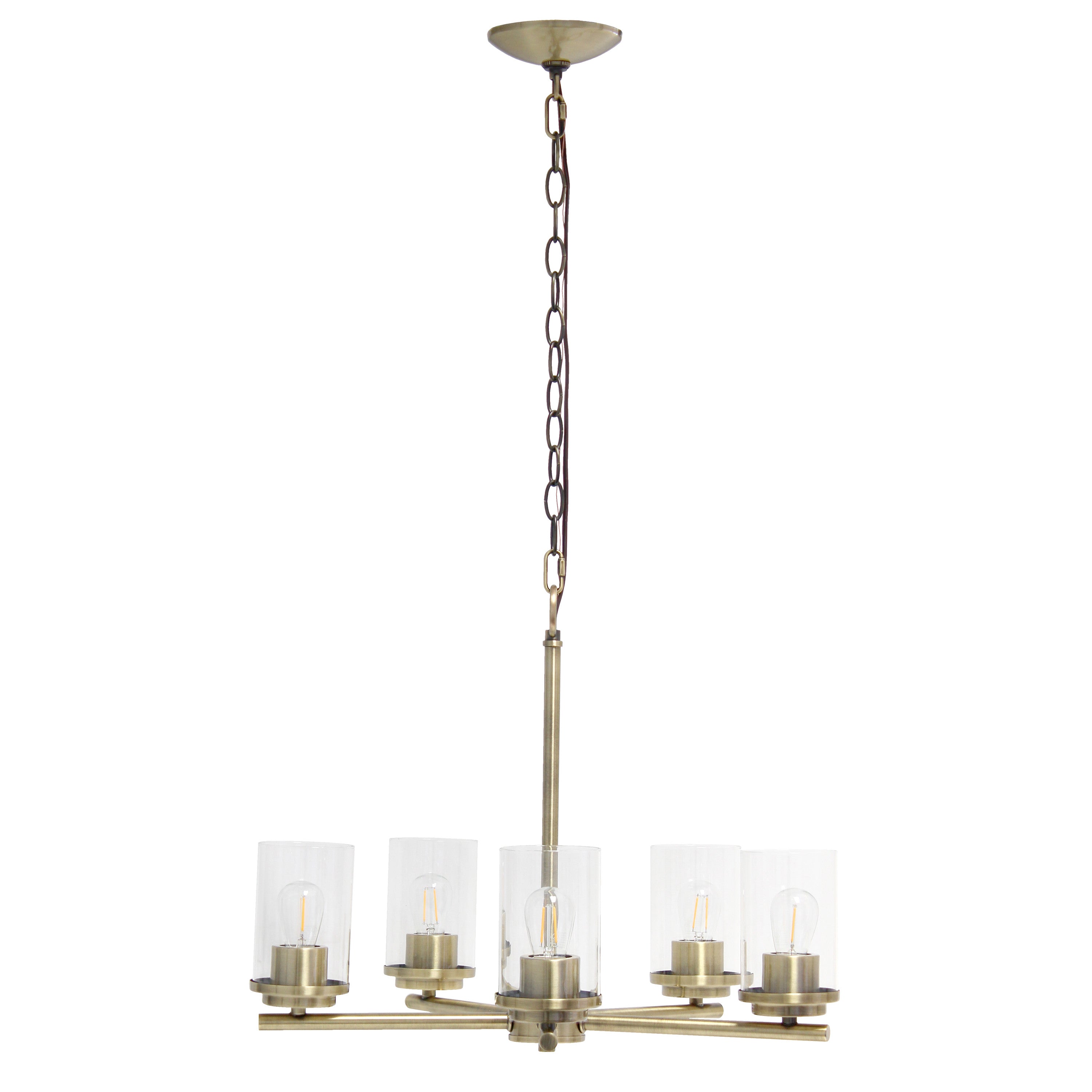 Side angle of Antiqued Brass and Clear Chandelier showcasing its elegance