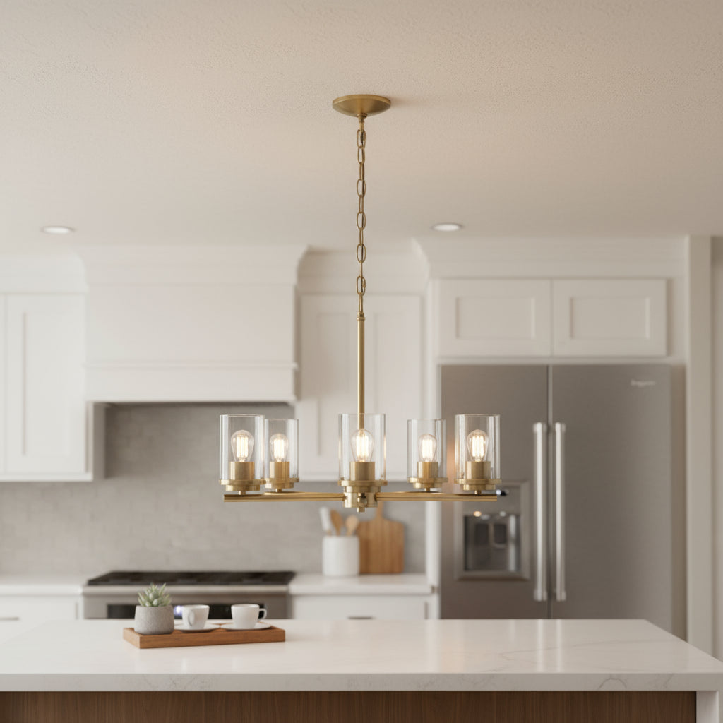 Front view of Antiqued Brass Chandelier with Clear Shades by Homeroots