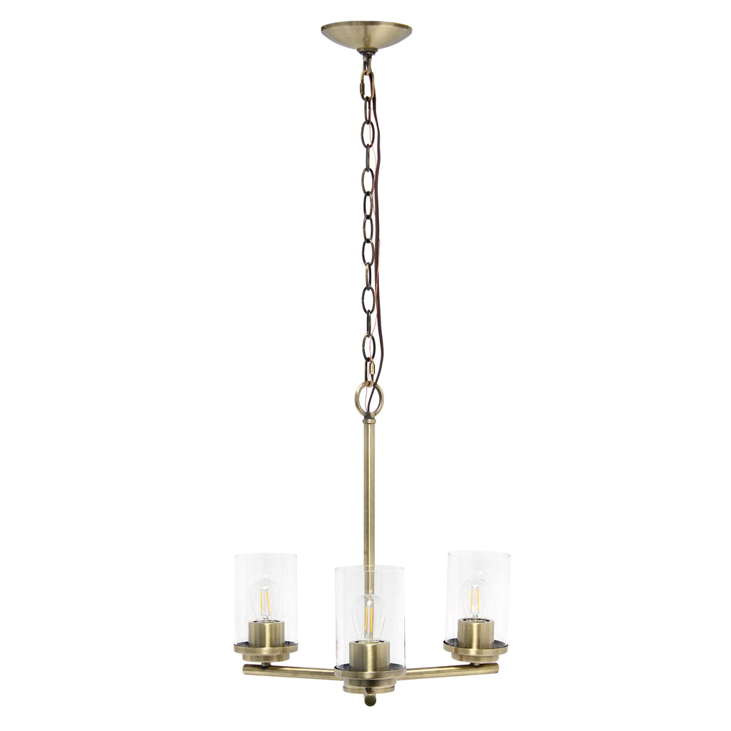 Side angle of Antiqued Brass and Clear Chandelier illuminating a room