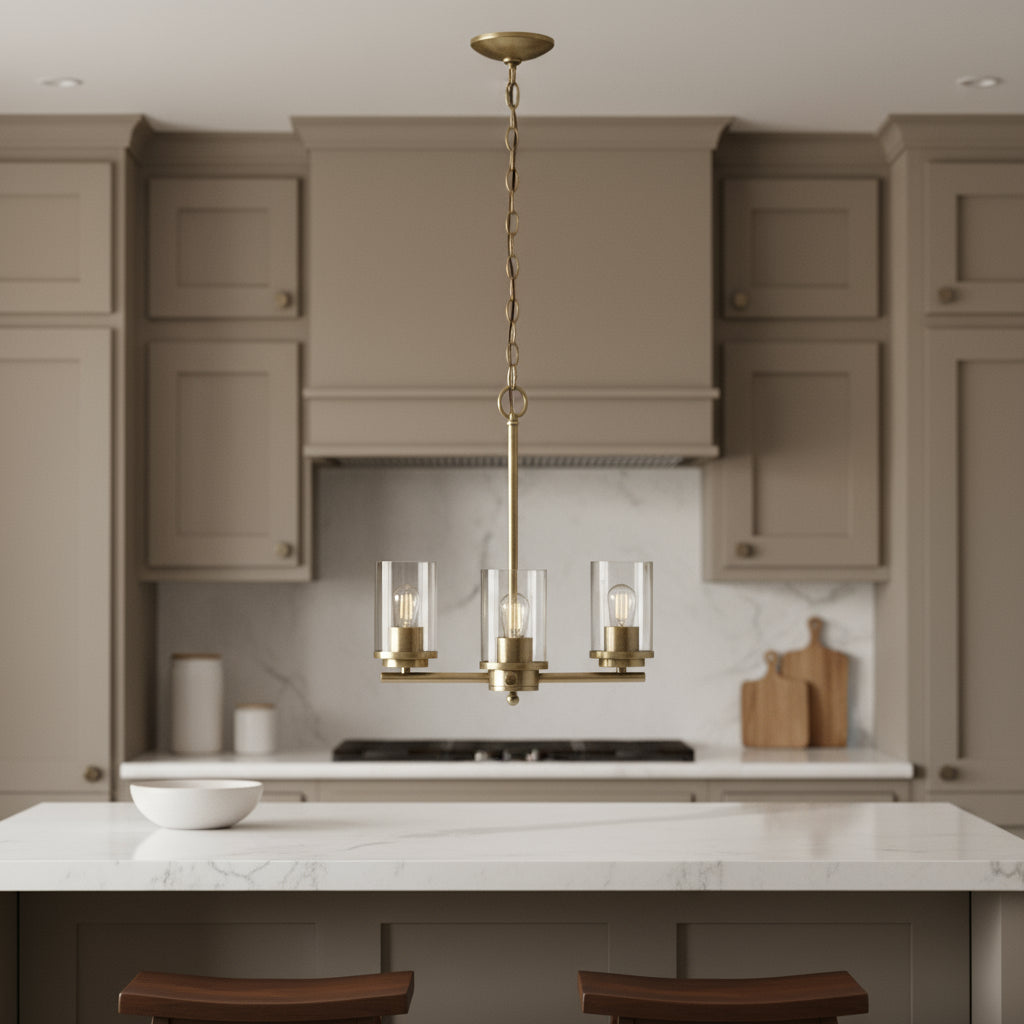 Front view of Antiqued Brass Chandelier with Clear Shades by Homeroots