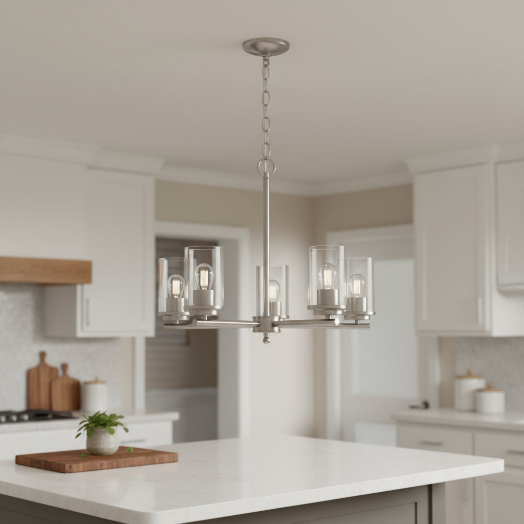 Nickel And Clear Chandelier Five Light Iron Ceiling Light With Clear Shades