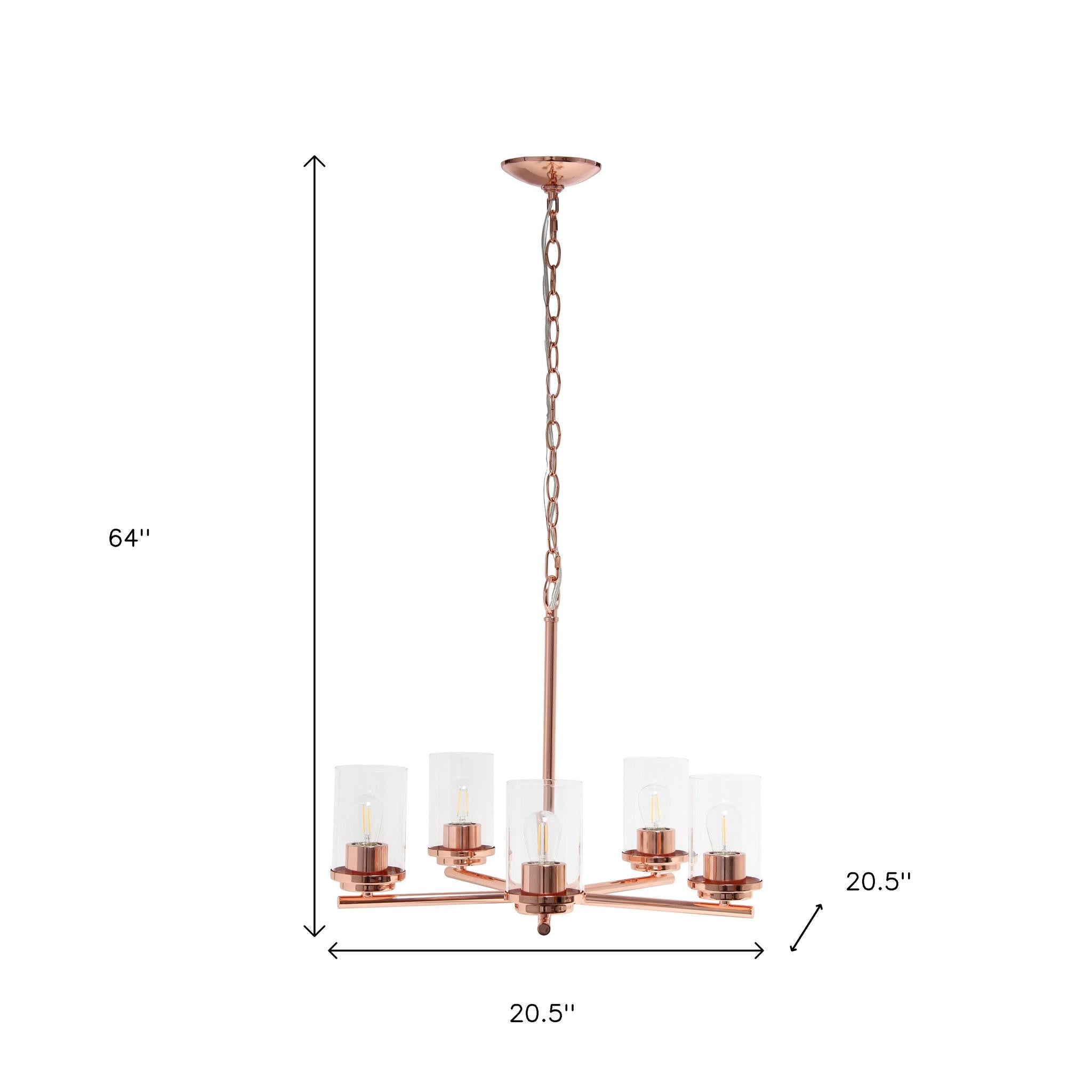 Rose Gold And Clear Chandelier Five Light Iron Ceiling Light With Clear Shades