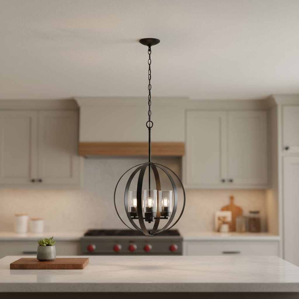 Bronze And Clear Sphere Three Light Iron Ceiling Light With Clear Shades