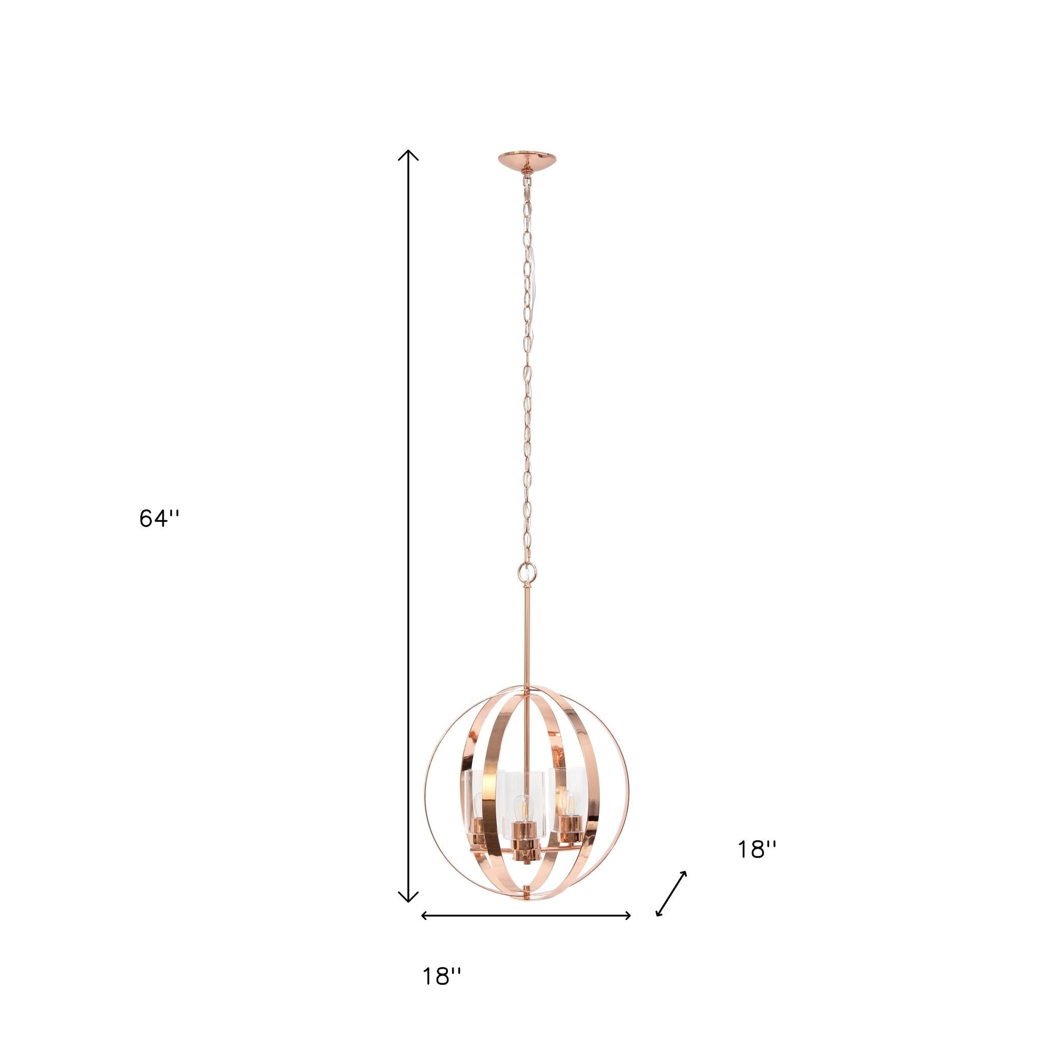 Rose Gold And Clear Sphere Three Light Iron Ceiling Light With Clear Shades