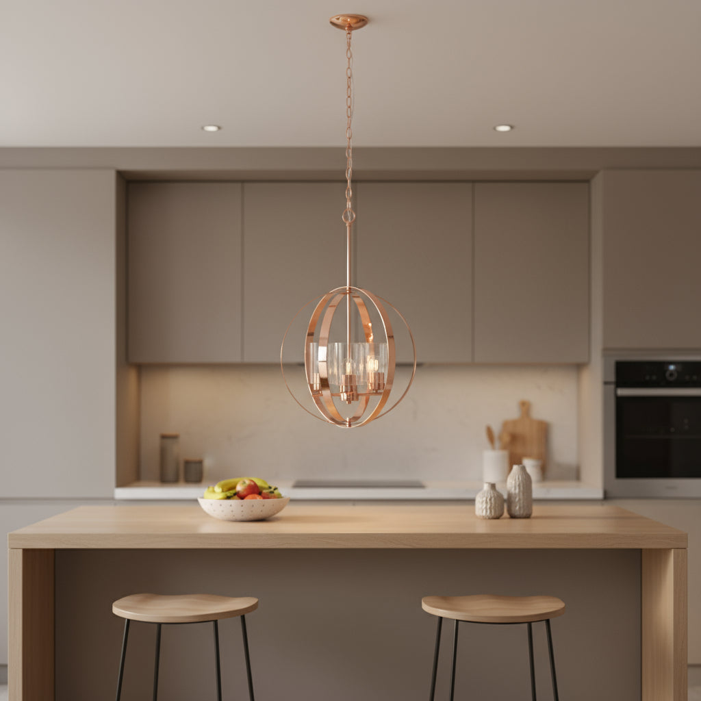 Rose Gold And Clear Sphere Three Light Iron Ceiling Light With Clear Shades