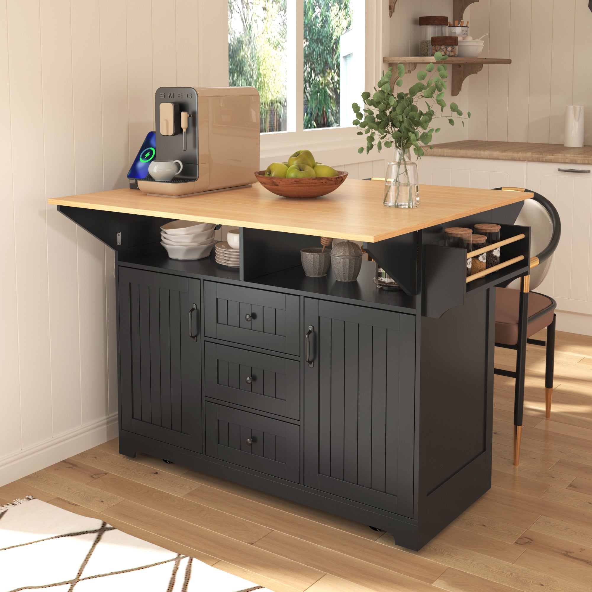 Rolling wheels of 56-Inch Black Wood Kitchen Island by Homeroots