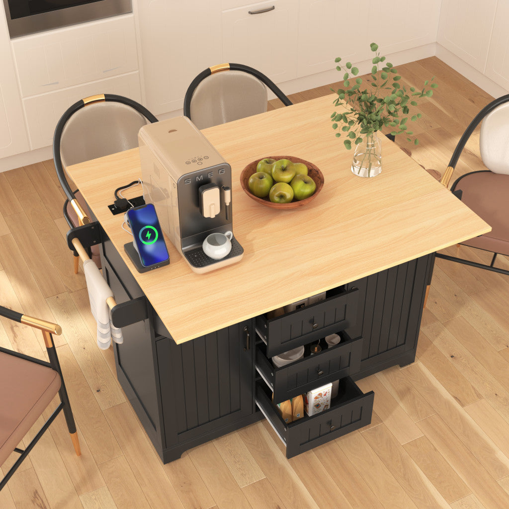 Side view of 56-Inch Black Wood Rolling Kitchen Island by Homeroots
