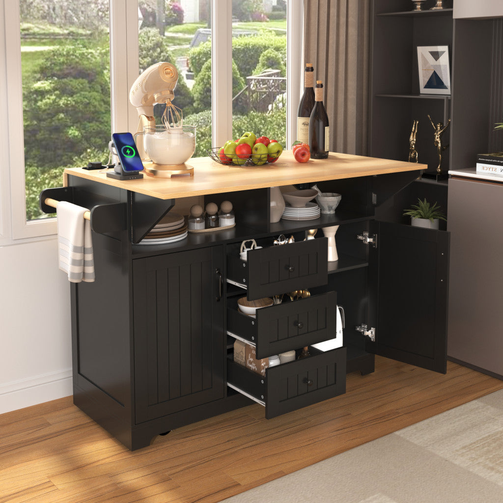 Front view of 56-Inch Black Wood Rolling Kitchen Island showcasing storage