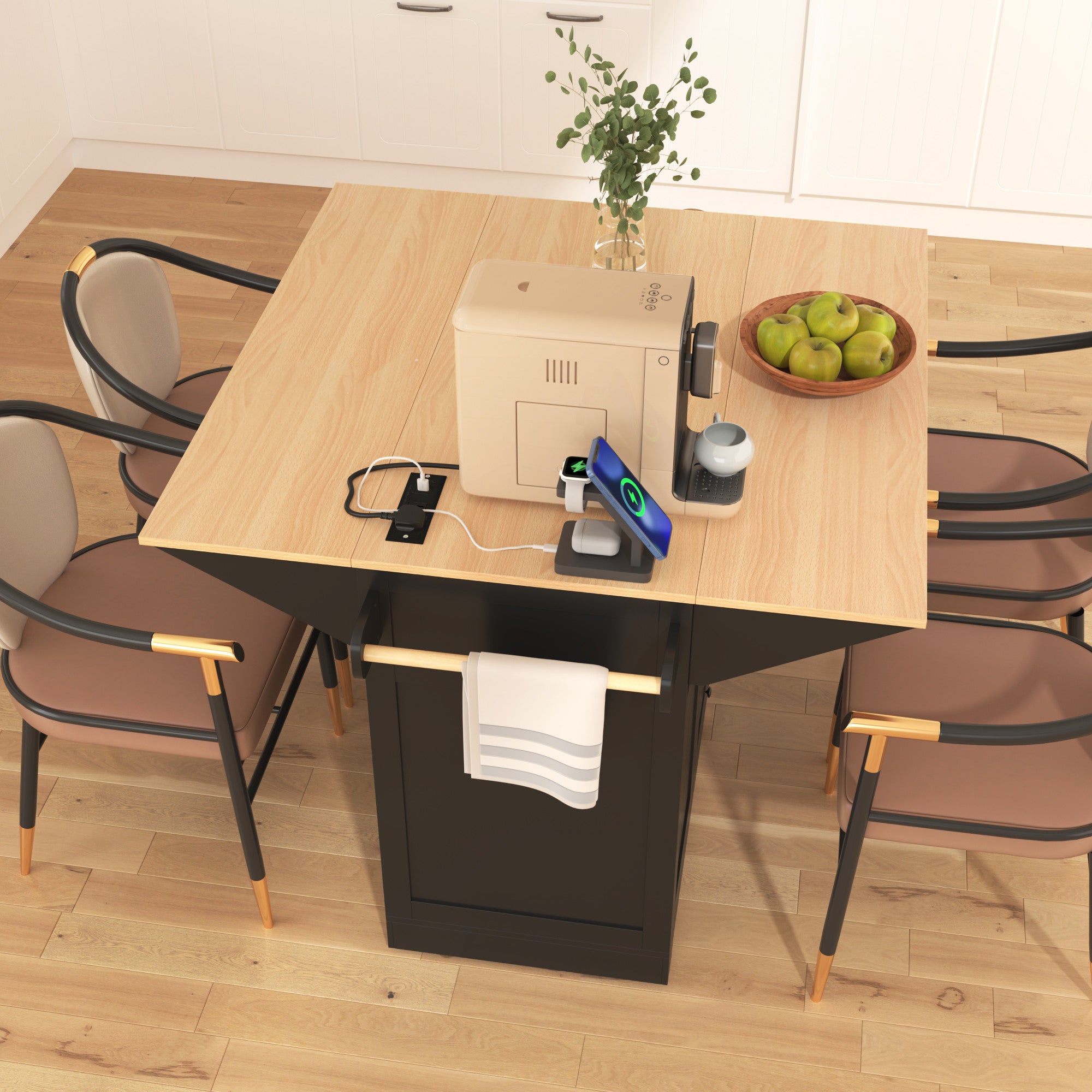 Storage compartments of 56-Inch Black Wood Rolling Kitchen Island