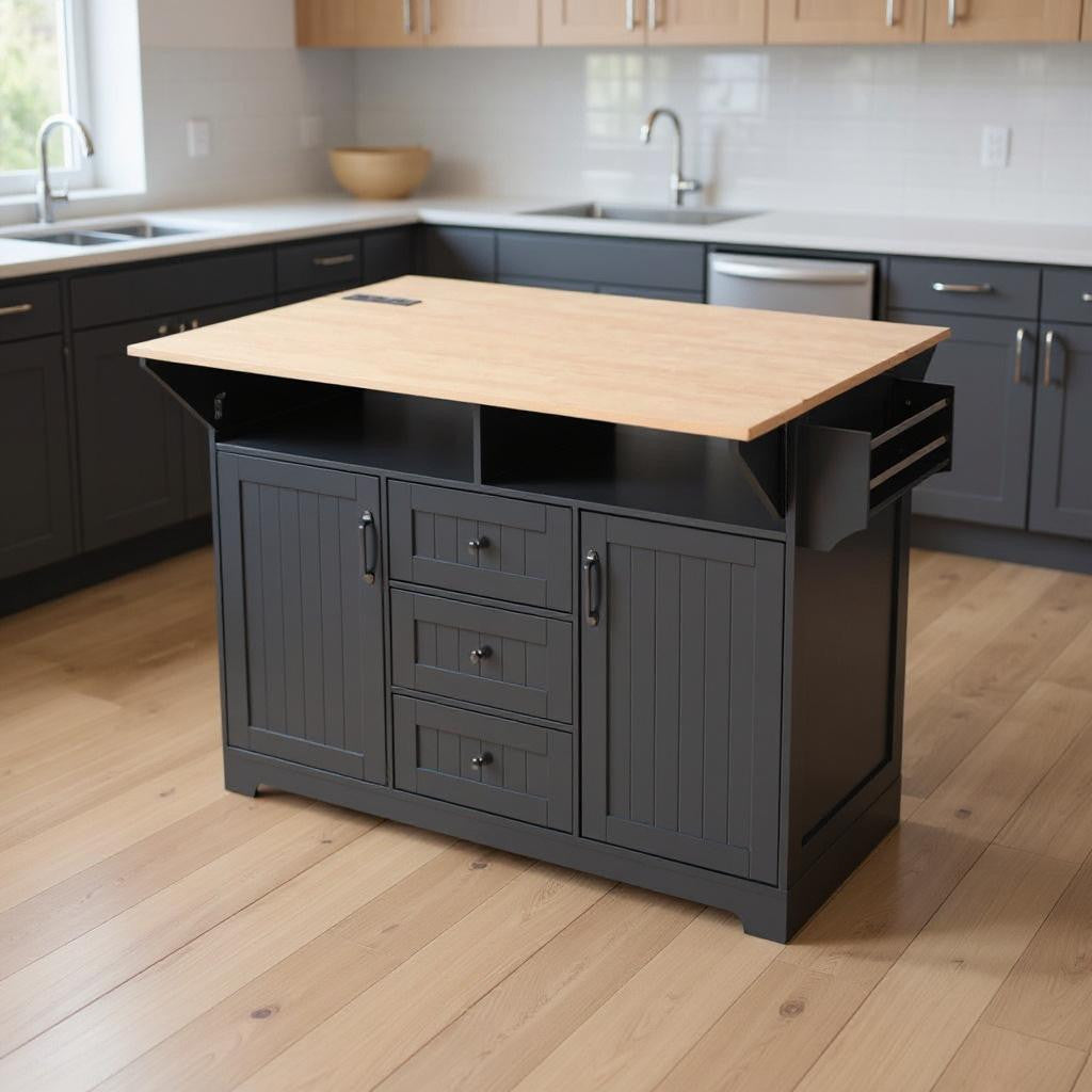 Close-up of black wood finish on 56-Inch Kitchen Island by Homeroots