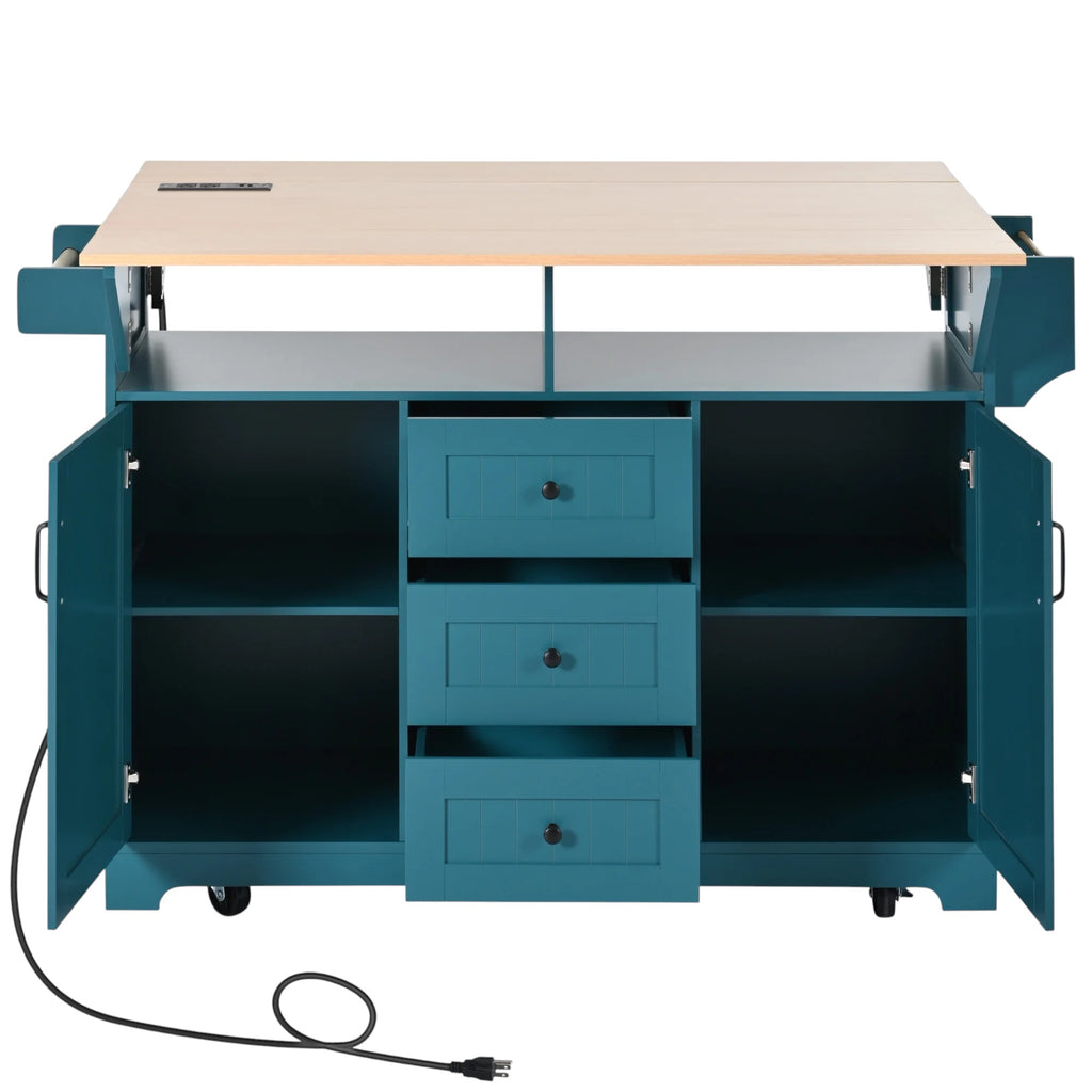 56" Teal Blue Wood Rolling Kitchen Island With Storage
