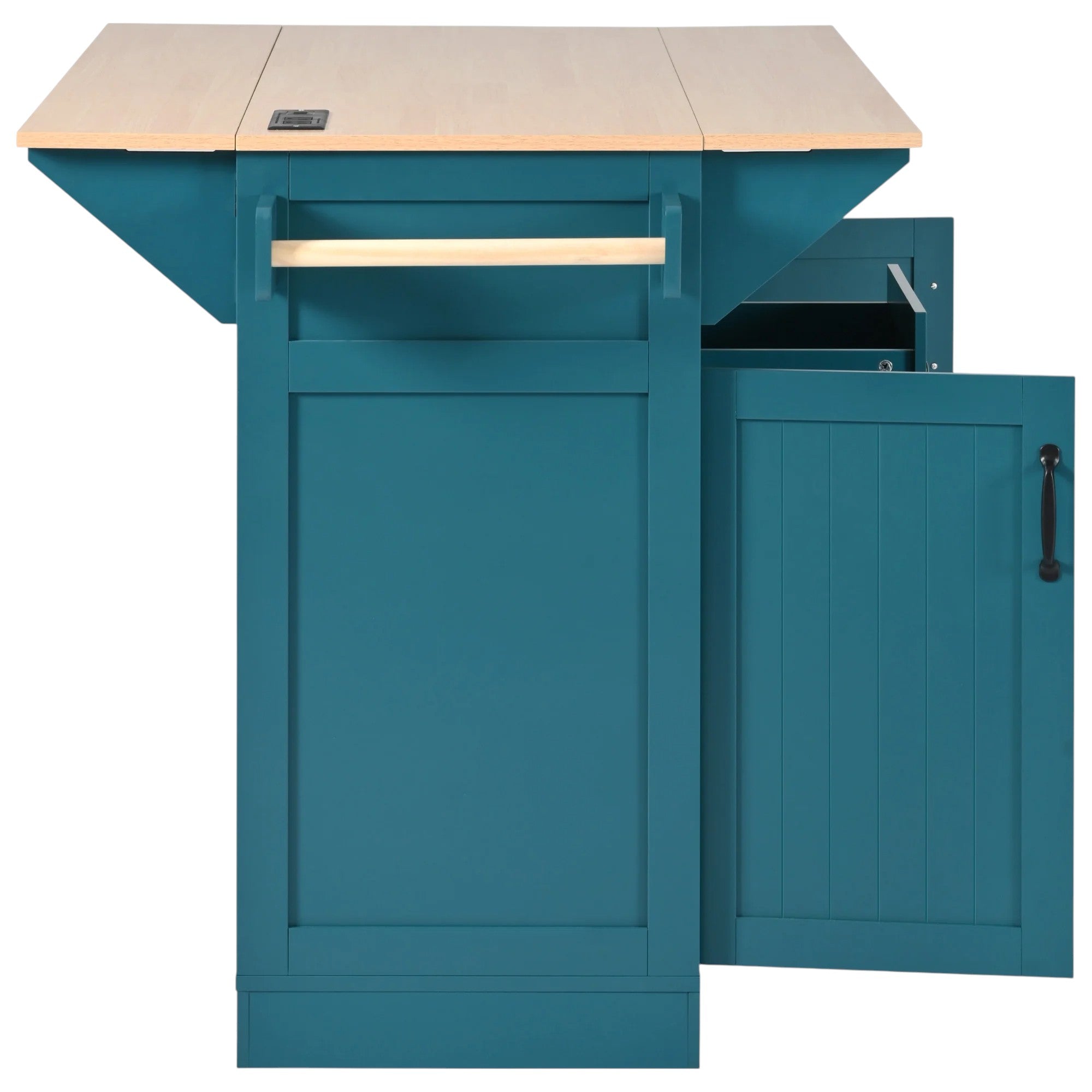 56" Teal Blue Wood Rolling Kitchen Island With Storage