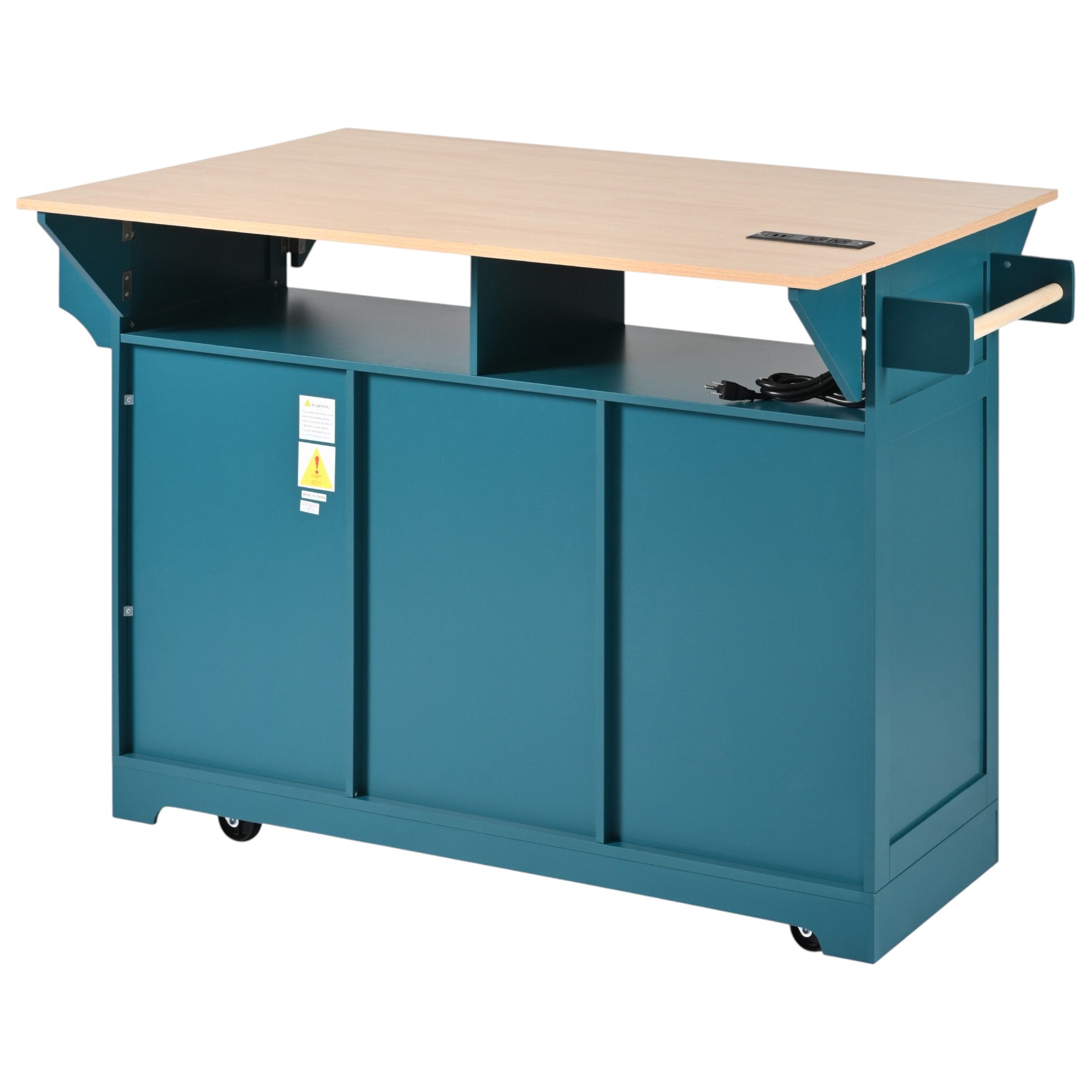 56" Teal Blue Wood Rolling Kitchen Island With Storage