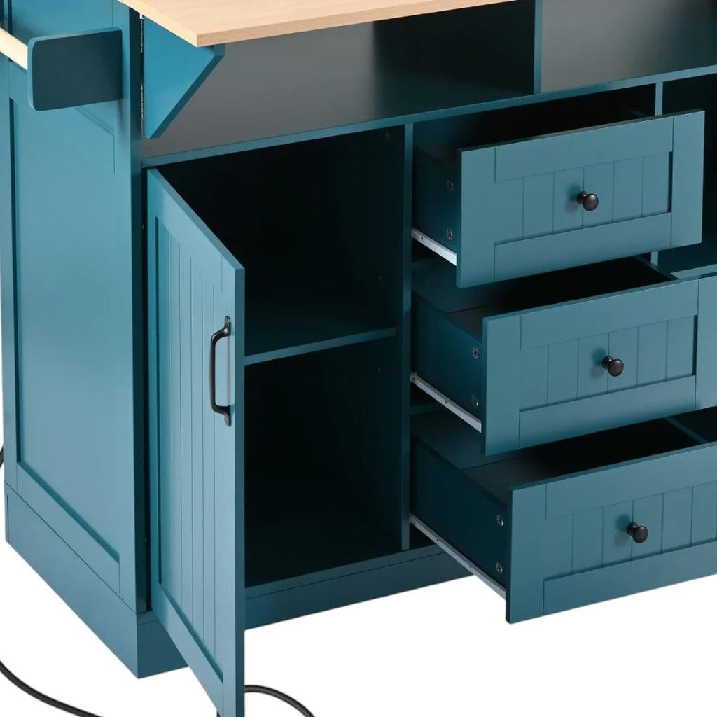 56" Teal Blue Wood Rolling Kitchen Island With Storage