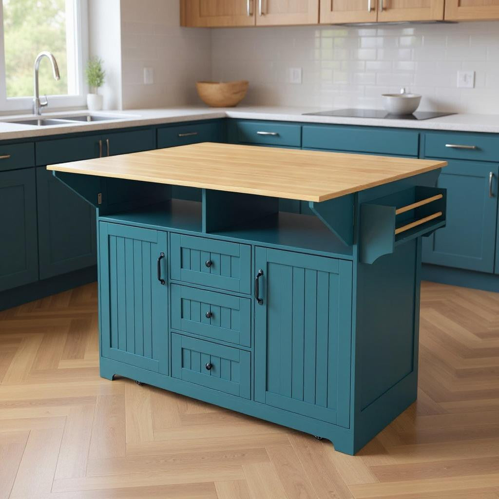 56" Teal Blue Wood Rolling Kitchen Island With Storage