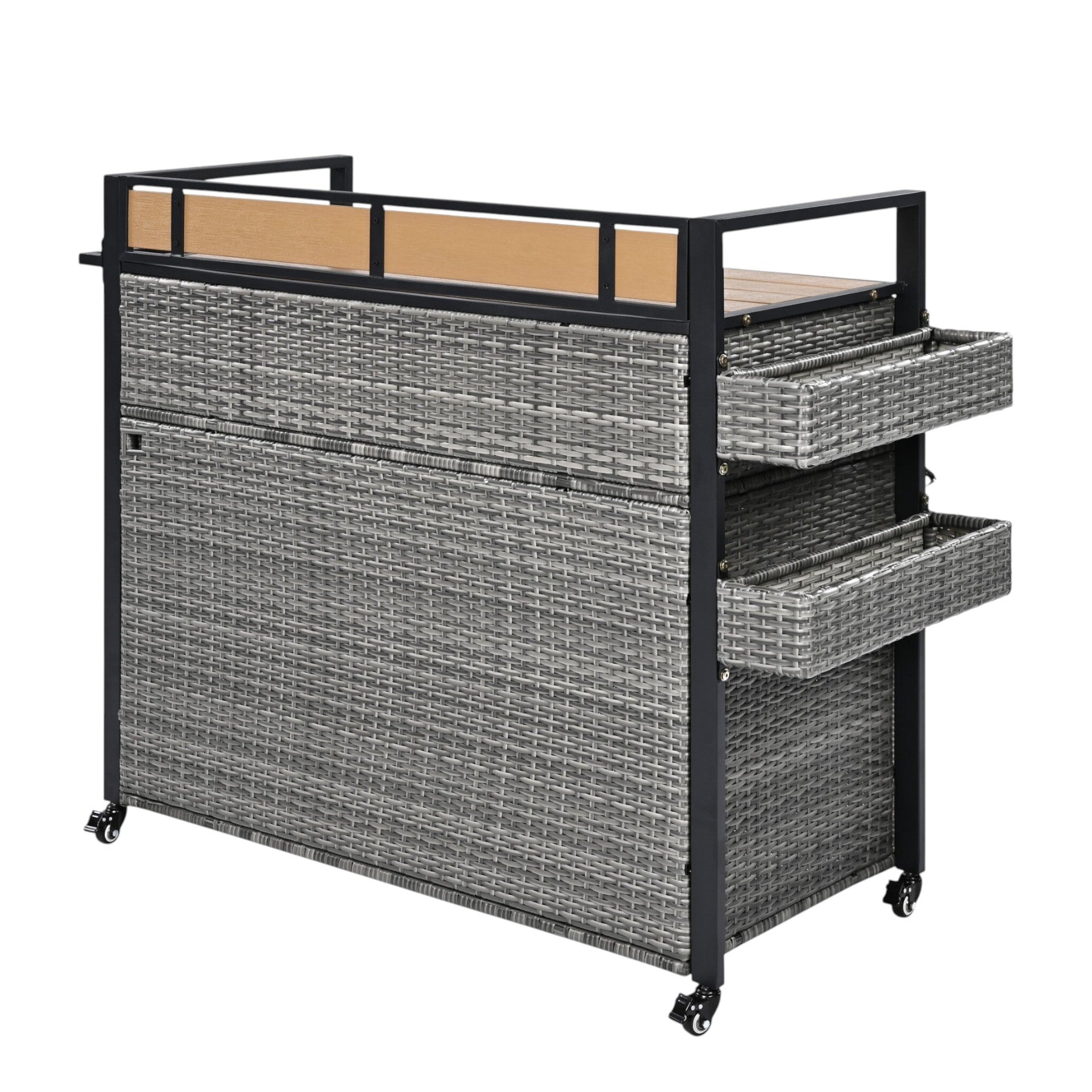 Detail of metal frame on 53-Inch Gray Wood and Metal Rolling Kitchen Island