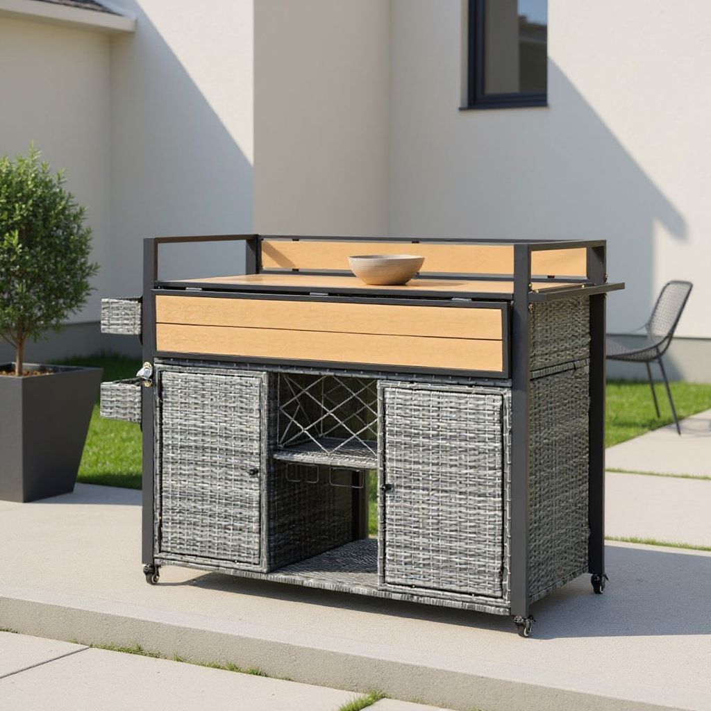 Back view of 53-Inch Gray Wood and Metal Rolling Kitchen Island with wood finish