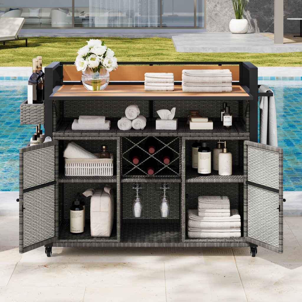 Storage compartments of 53-Inch Gray Wood and Metal Rolling Kitchen Island
