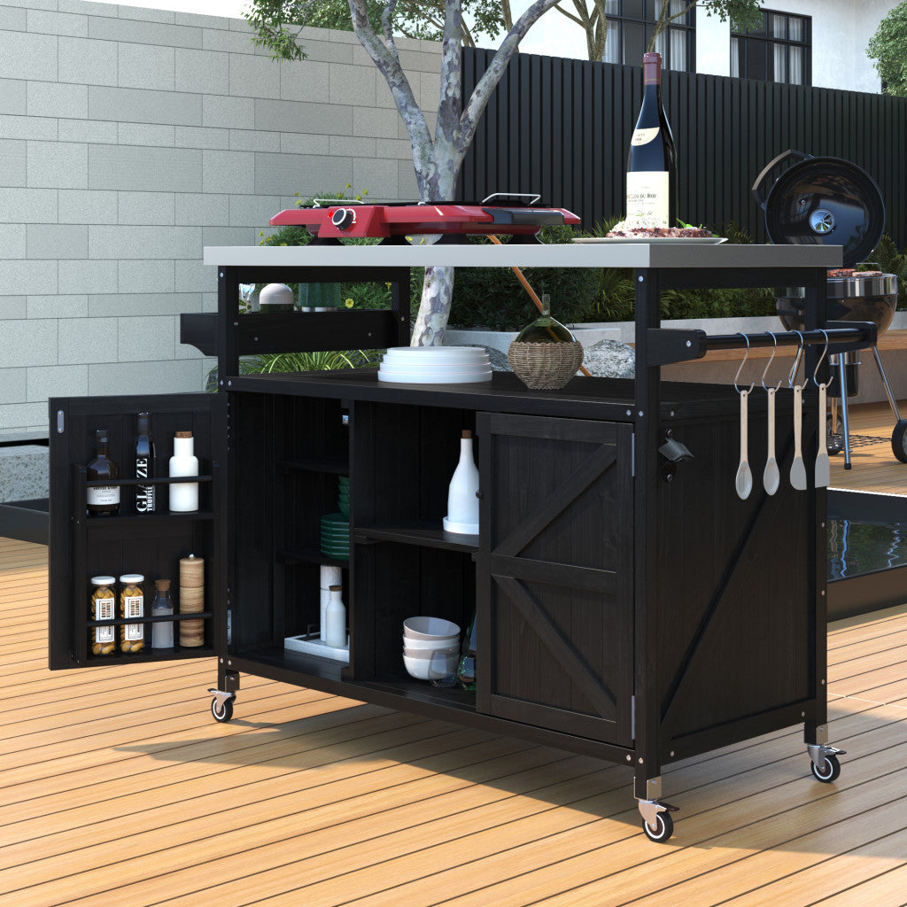 Elegant design of 50" Black Wood Rolling Kitchen Island in a home setting