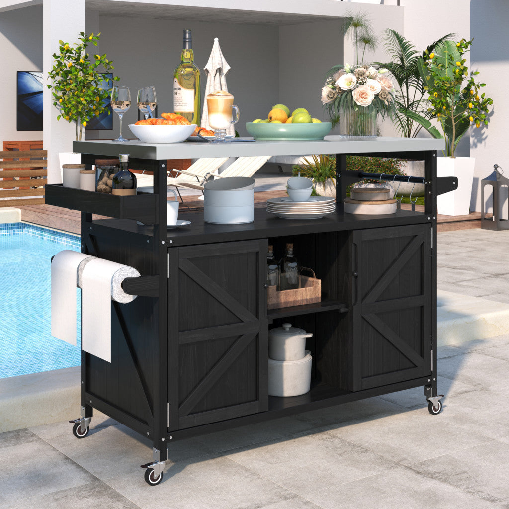 Front view of 50" Black Wood Rolling Kitchen Island by Homeroots