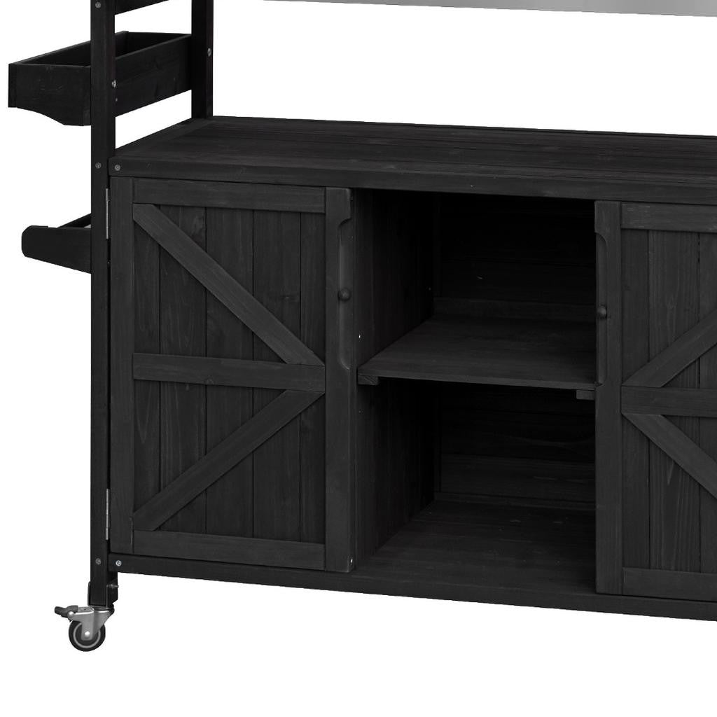 Versatile use case of 50" Black Wood Rolling Kitchen Island for dining