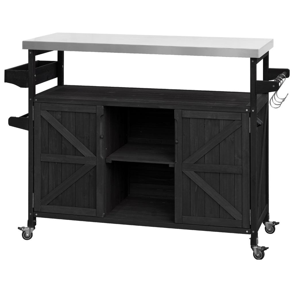 Rolling wheels feature of the 50" Black Wood Rolling Kitchen Island