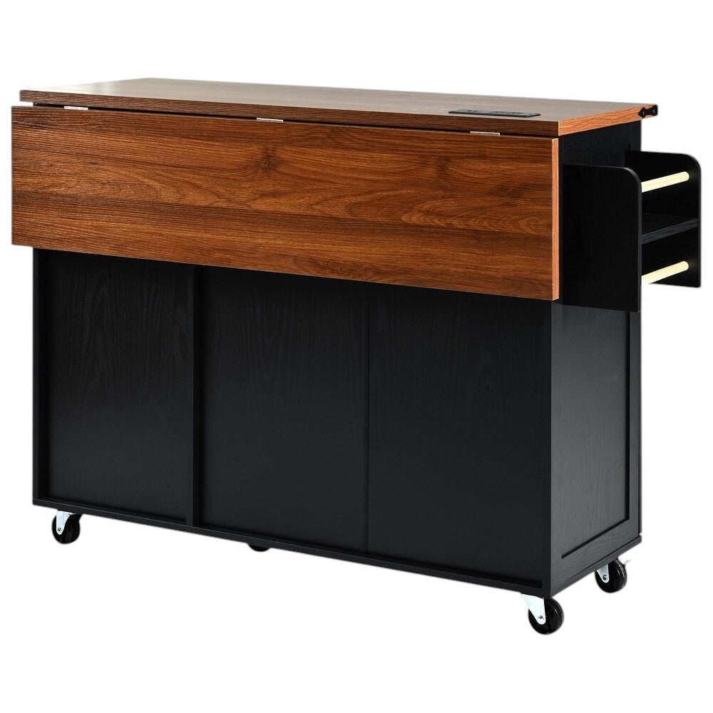 Storage drawers of 55-Inch Black Wood Rolling Kitchen Island