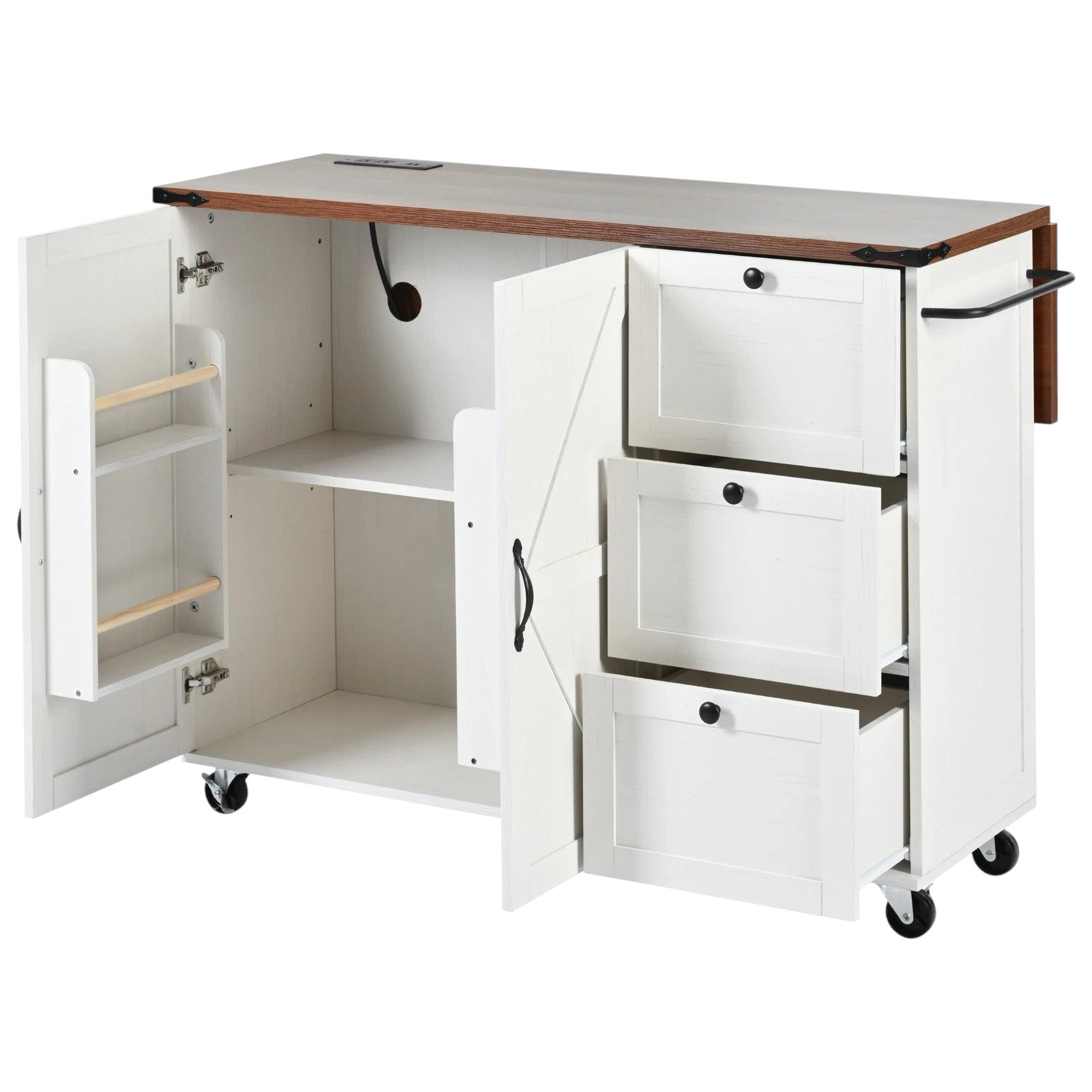Side view showcasing the spacious drawers of the 55" White Wood Rolling Kitchen Island