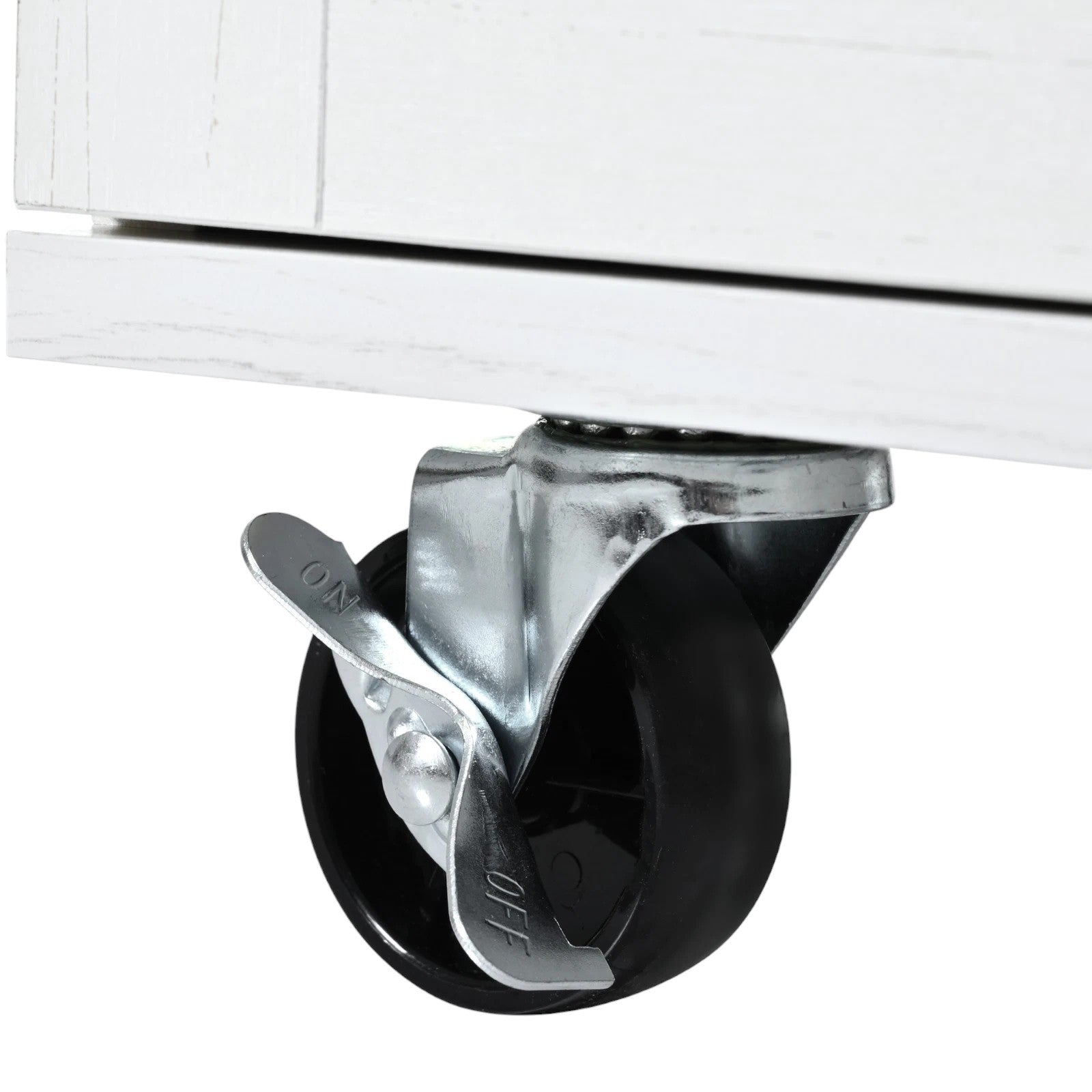 Close-up of the natural wood grain on the 55" White Wood Rolling Kitchen Island