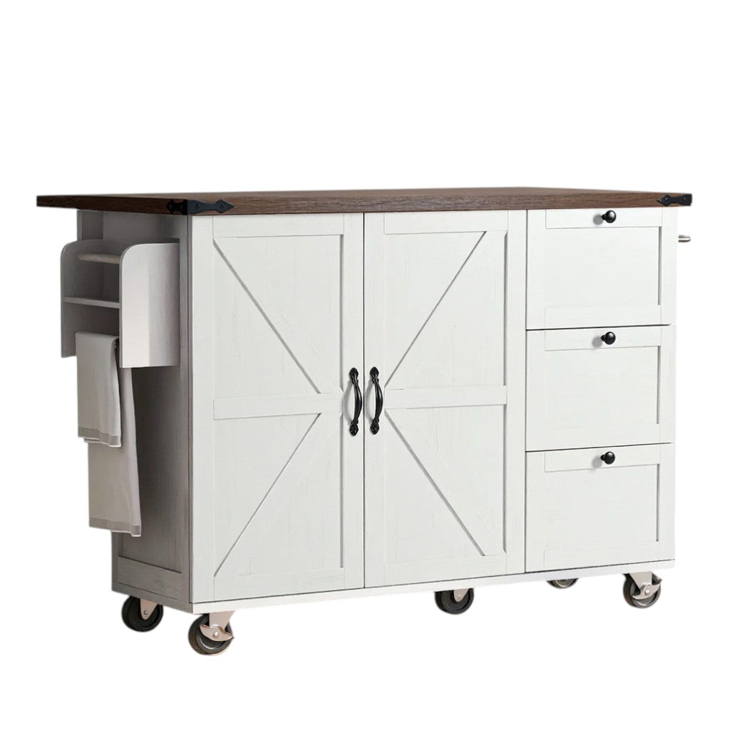 Front view of 55" White Wood Rolling Kitchen Island by Homeroots