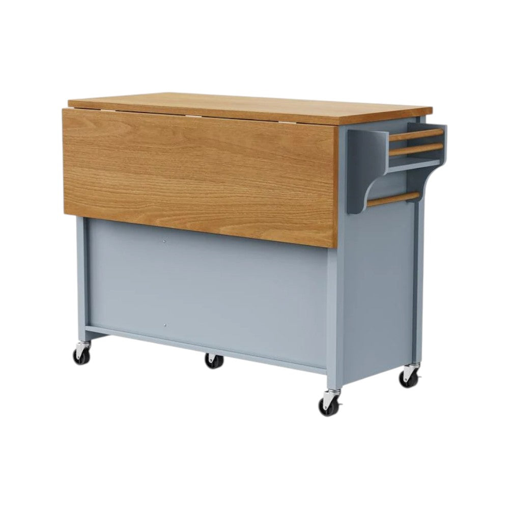 52" Light Blue Wood Rolling Kitchen Island styled with kitchen decor