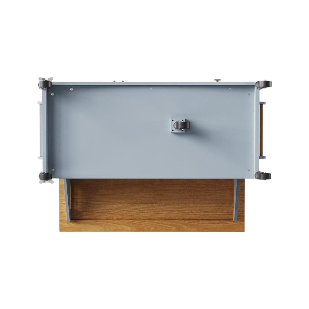 Side view showcasing storage drawers of 52" Light Blue Wood Rolling Kitchen Island