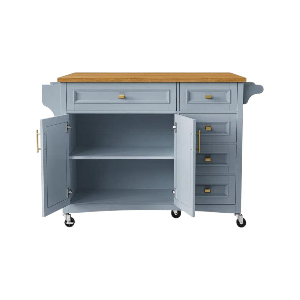 Top surface of 52" Light Blue Wood Rolling Kitchen Island with utensils