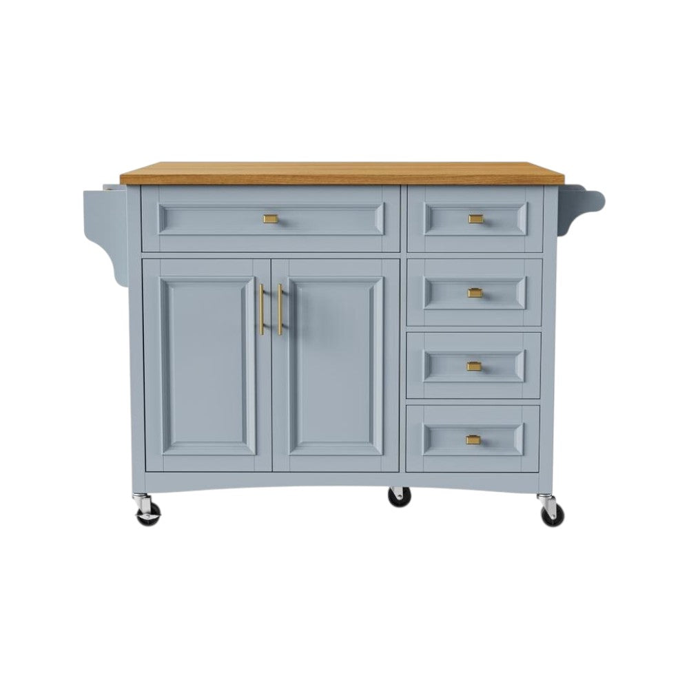 Detail of the natural wood grains on 52" Light Blue Wood Rolling Kitchen Island